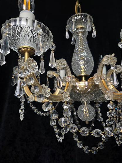 Beautiful Vintage French Crystal 6 Arm Marie Therese Brass Chandelier Light