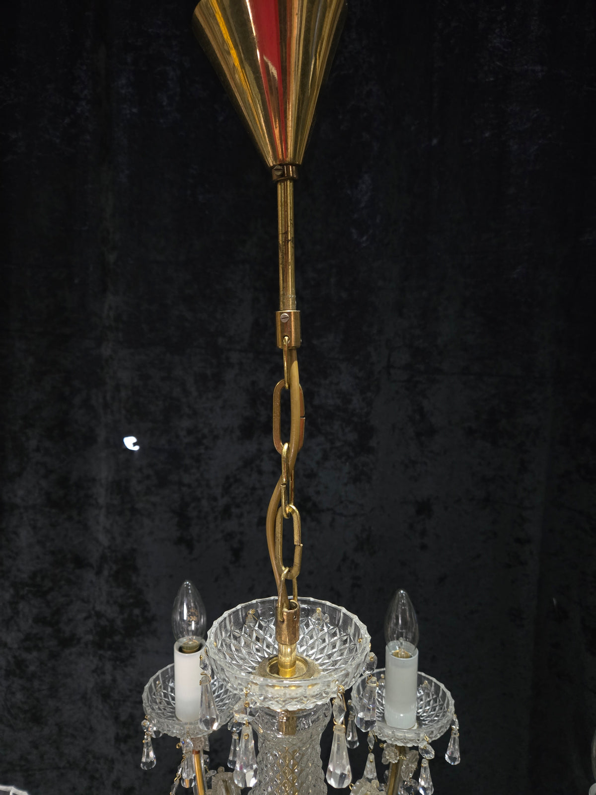 Beautiful Vintage French Crystal 6 Arm Marie Therese Brass Chandelier Light