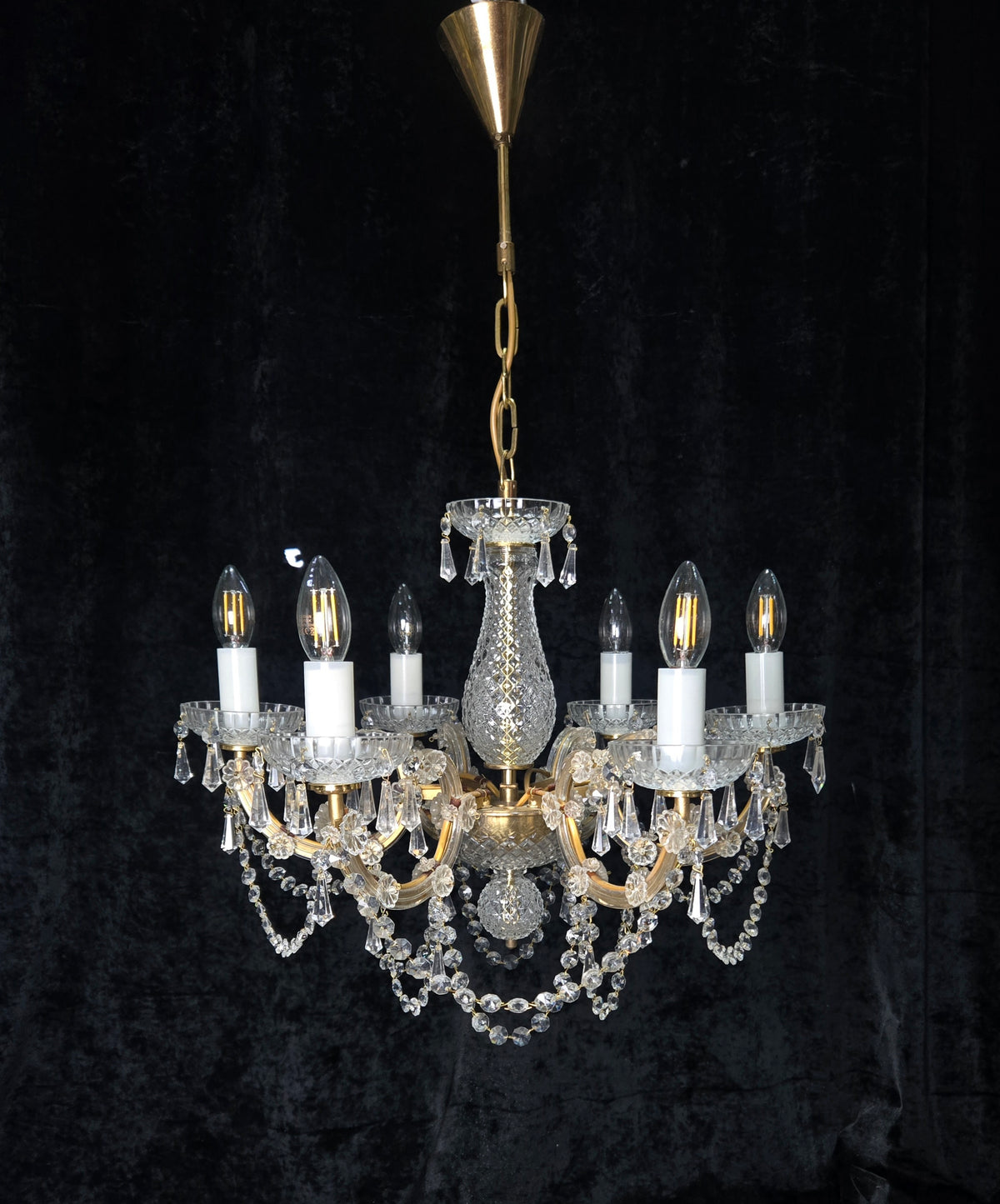 Beautiful Vintage French Crystal 6 Arm Marie Therese Brass Chandelier Light