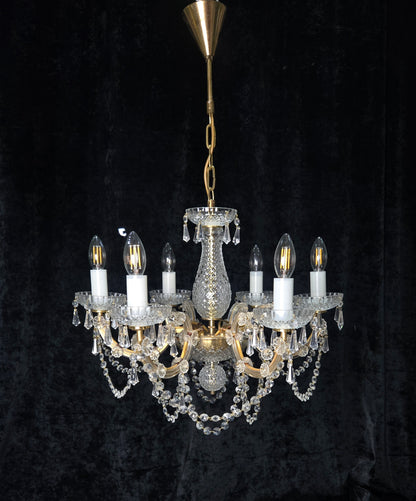 Beautiful Vintage French Crystal 6 Arm Marie Therese Brass Chandelier Light