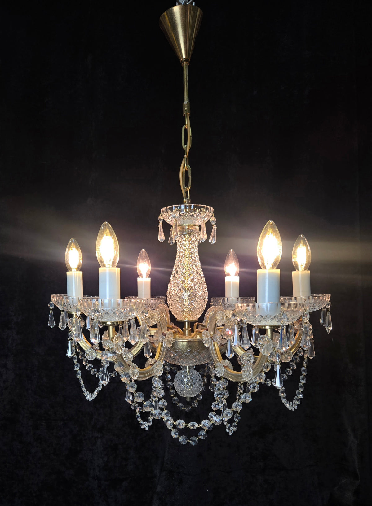 Beautiful Vintage French Crystal 6 Arm Marie Therese Brass Chandelier Light