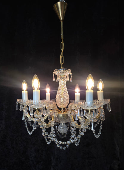 Beautiful Vintage French Crystal 6 Arm Marie Therese Brass Chandelier Light