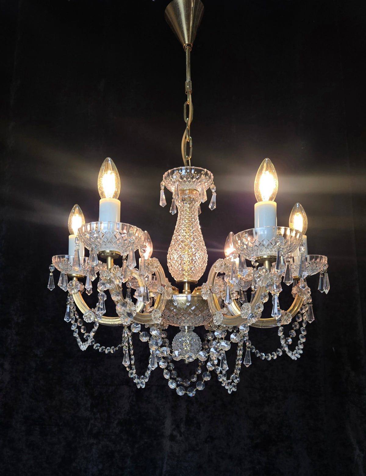 Beautiful Vintage French Crystal 6 Arm Marie Therese Brass Chandelier Light
