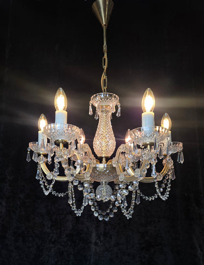 Beautiful Vintage French Crystal 6 Arm Marie Therese Brass Chandelier Light