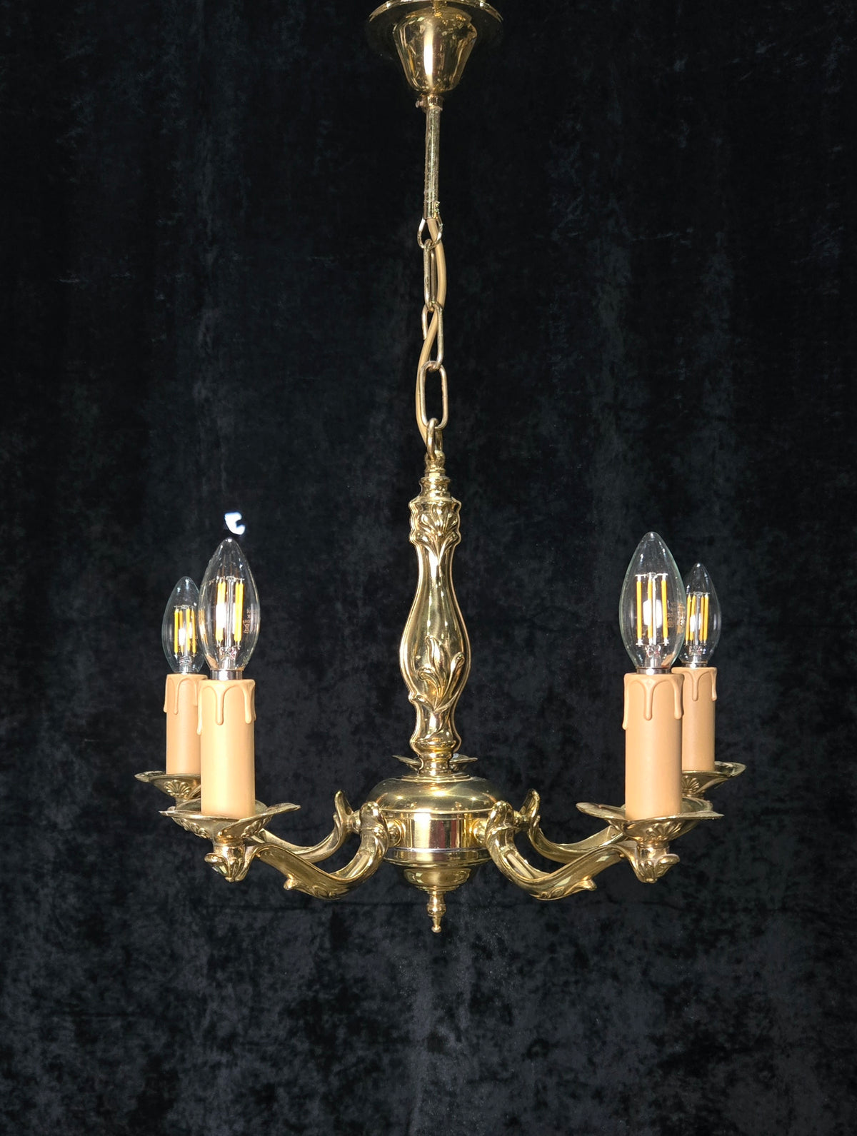 Classic Vintage 5 Arm Polished Brass Art Nouveau Style Chandelier Ceiling Light