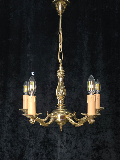 Classic Vintage 5 Arm Polished Brass Art Nouveau Style Chandelier Ceiling Light
