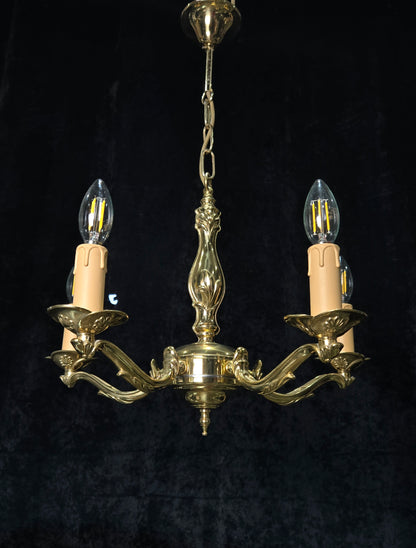 Classic Vintage 5 Arm Polished Brass Art Nouveau Style Chandelier Ceiling Light