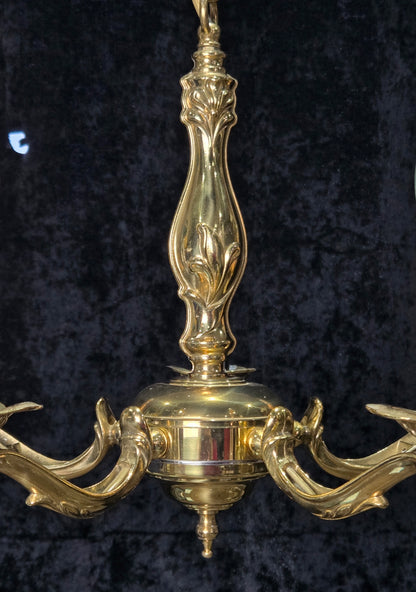 Classic Vintage 5 Arm Polished Brass Art Nouveau Style Chandelier Ceiling Light