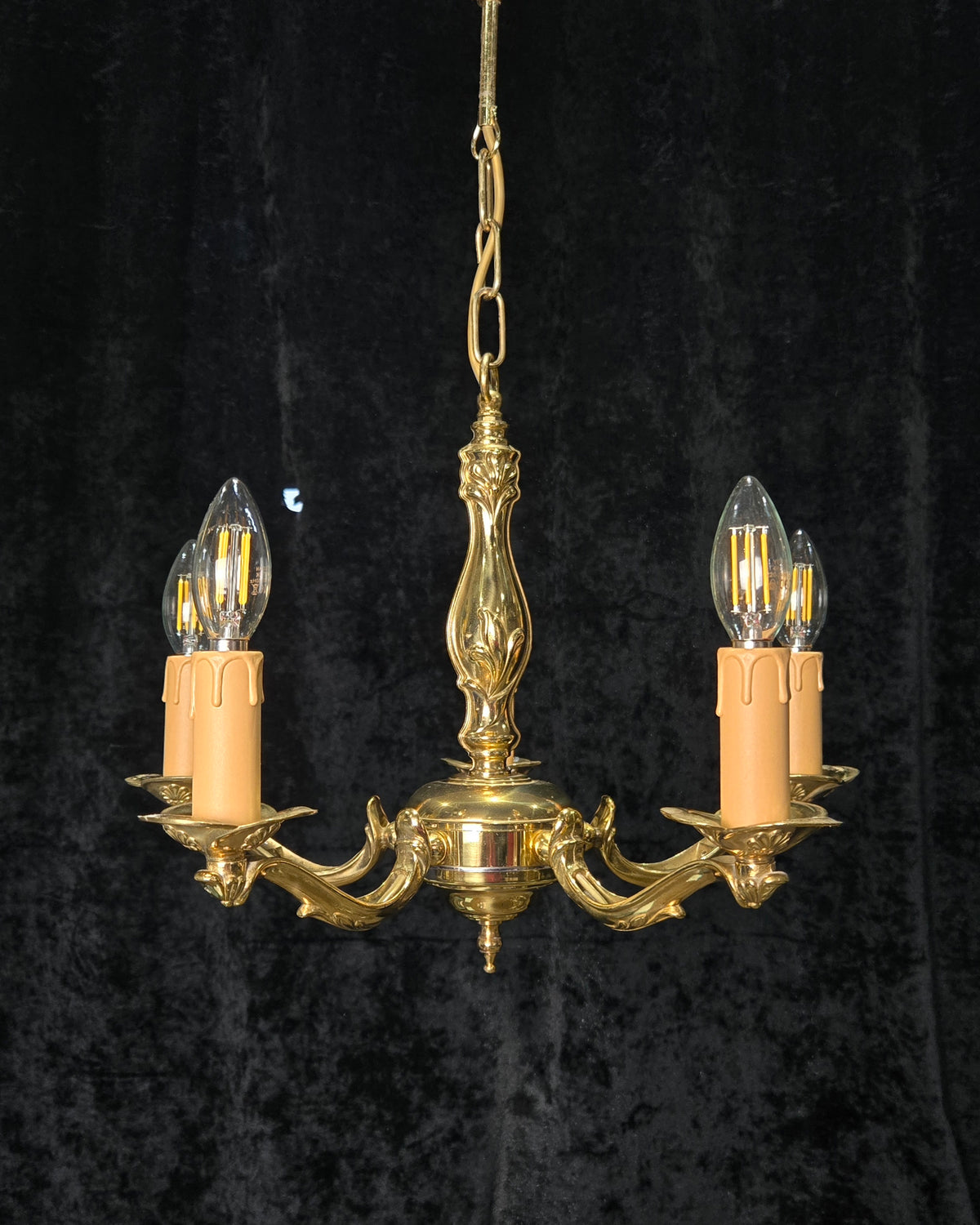 Classic Vintage 5 Arm Polished Brass Art Nouveau Style Chandelier Ceiling Light