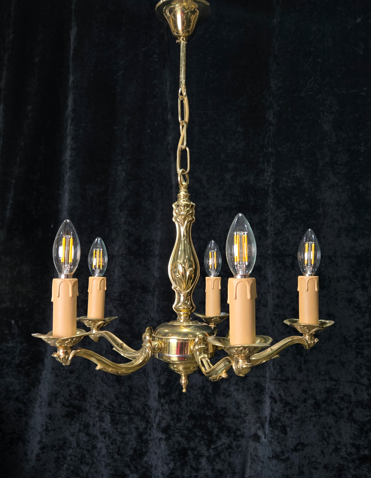 Classic Vintage 5 Arm Polished Brass Art Nouveau Style Chandelier Ceiling Light