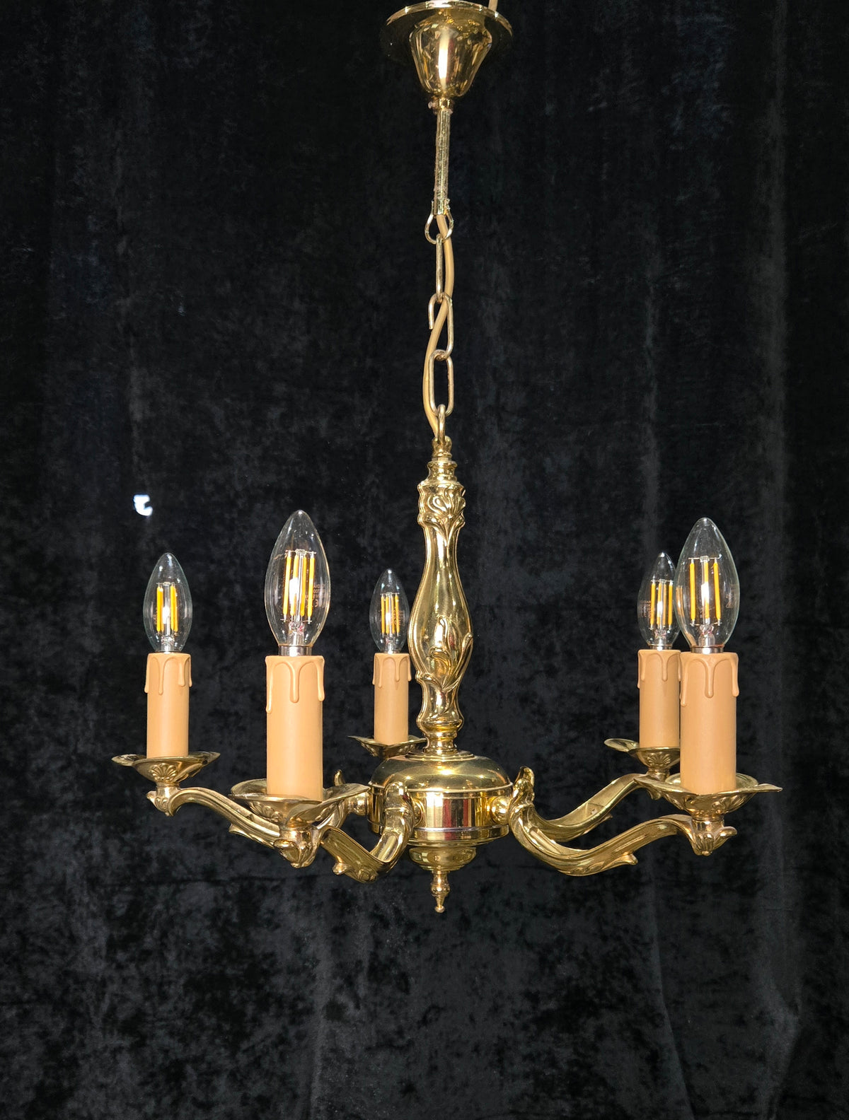 Classic Vintage 5 Arm Polished Brass Art Nouveau Style Chandelier Ceiling Light