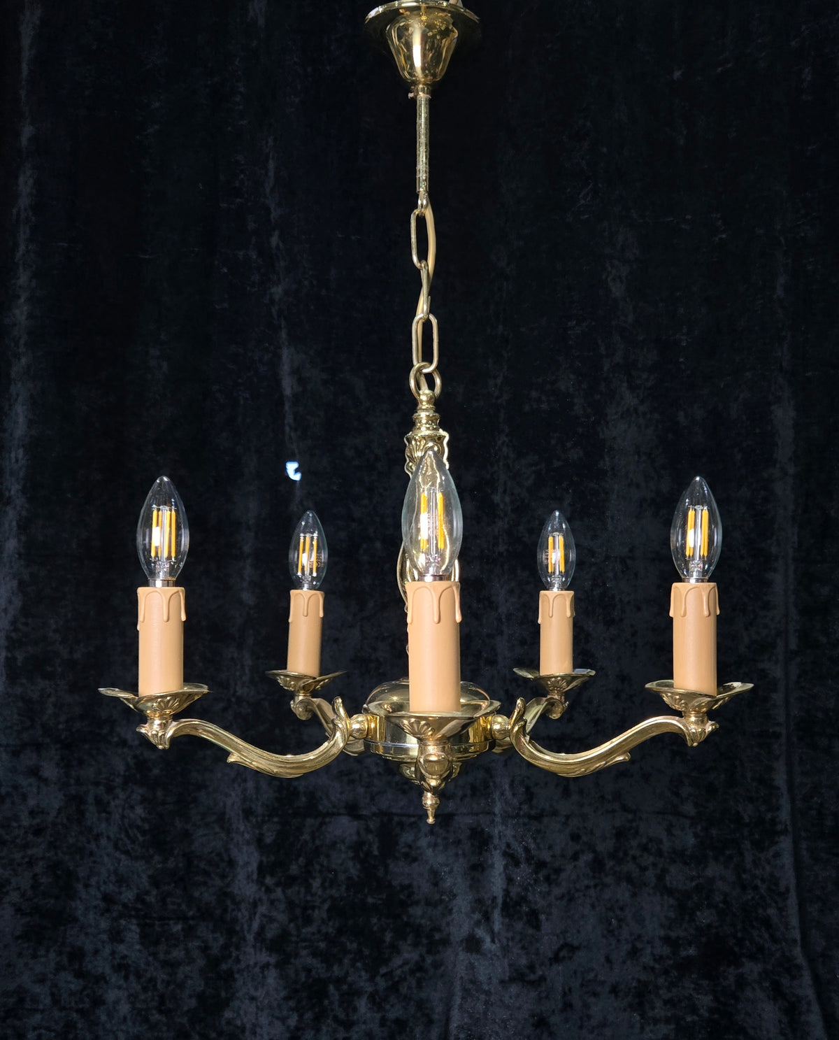 Classic Vintage 5 Arm Polished Brass Art Nouveau Style Chandelier Ceiling Light
