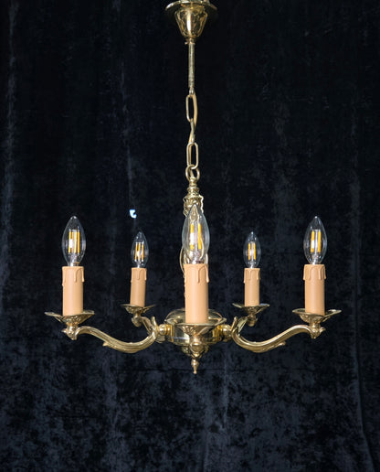 Classic Vintage 5 Arm Polished Brass Art Nouveau Style Chandelier Ceiling Light