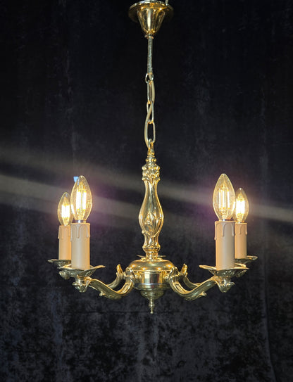 Classic Vintage 5 Arm Polished Brass Art Nouveau Style Chandelier Ceiling Light