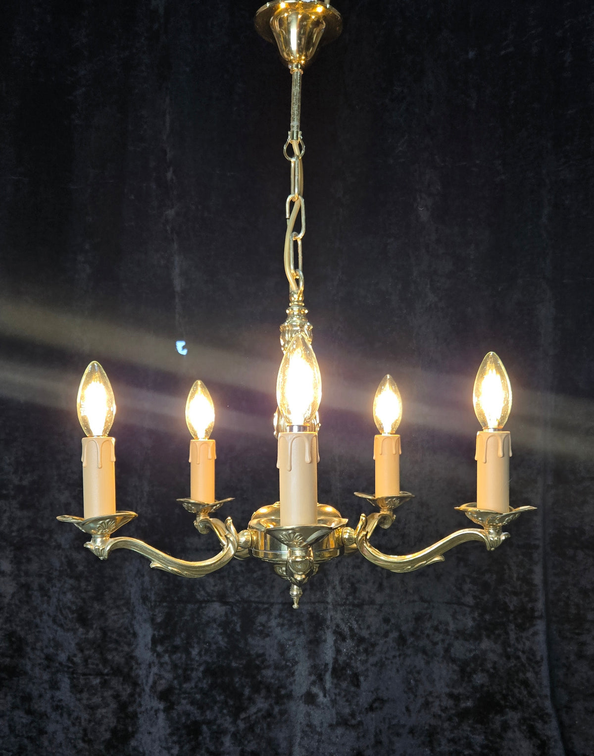 Classic Vintage 5 Arm Polished Brass Art Nouveau Style Chandelier Ceiling Light