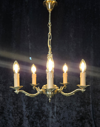 Classic Vintage 5 Arm Polished Brass Art Nouveau Style Chandelier Ceiling Light