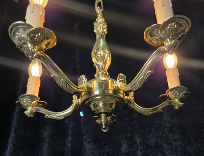 Classic Vintage 5 Arm Polished Brass Art Nouveau Style Chandelier Ceiling Light