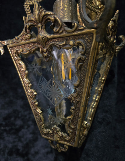 Gorgeous Pair Antique French Petite Brass Glass Electric Wall Lanterns Sconces