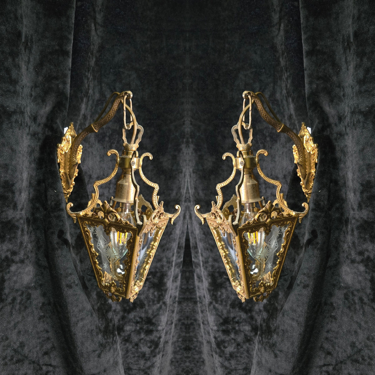 Gorgeous Pair Antique French Petite Brass Glass Electric Wall Lanterns Sconces