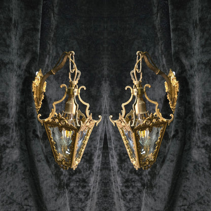 Gorgeous Pair Antique French Petite Brass Glass Electric Wall Lanterns Sconces