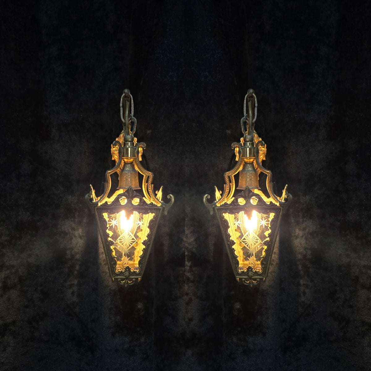Gorgeous Pair Antique French Petite Brass Glass Electric Wall Lanterns Sconces