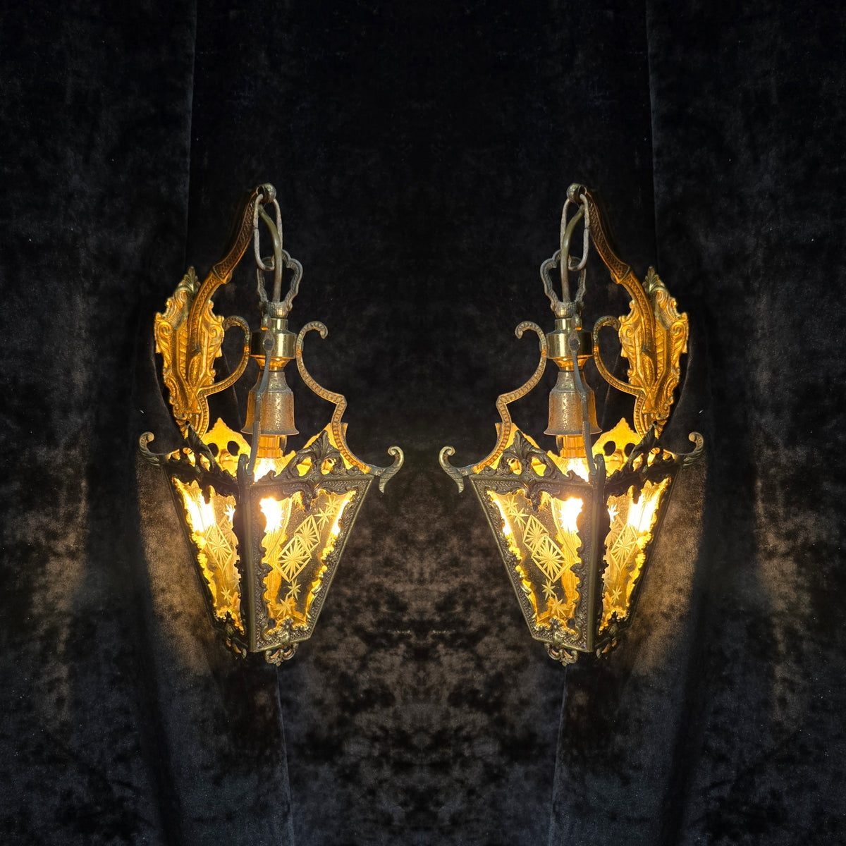 Gorgeous Pair Antique French Petite Brass Glass Electric Wall Lanterns Sconces