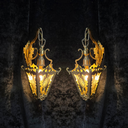 Gorgeous Pair Antique French Petite Brass Glass Electric Wall Lanterns Sconces