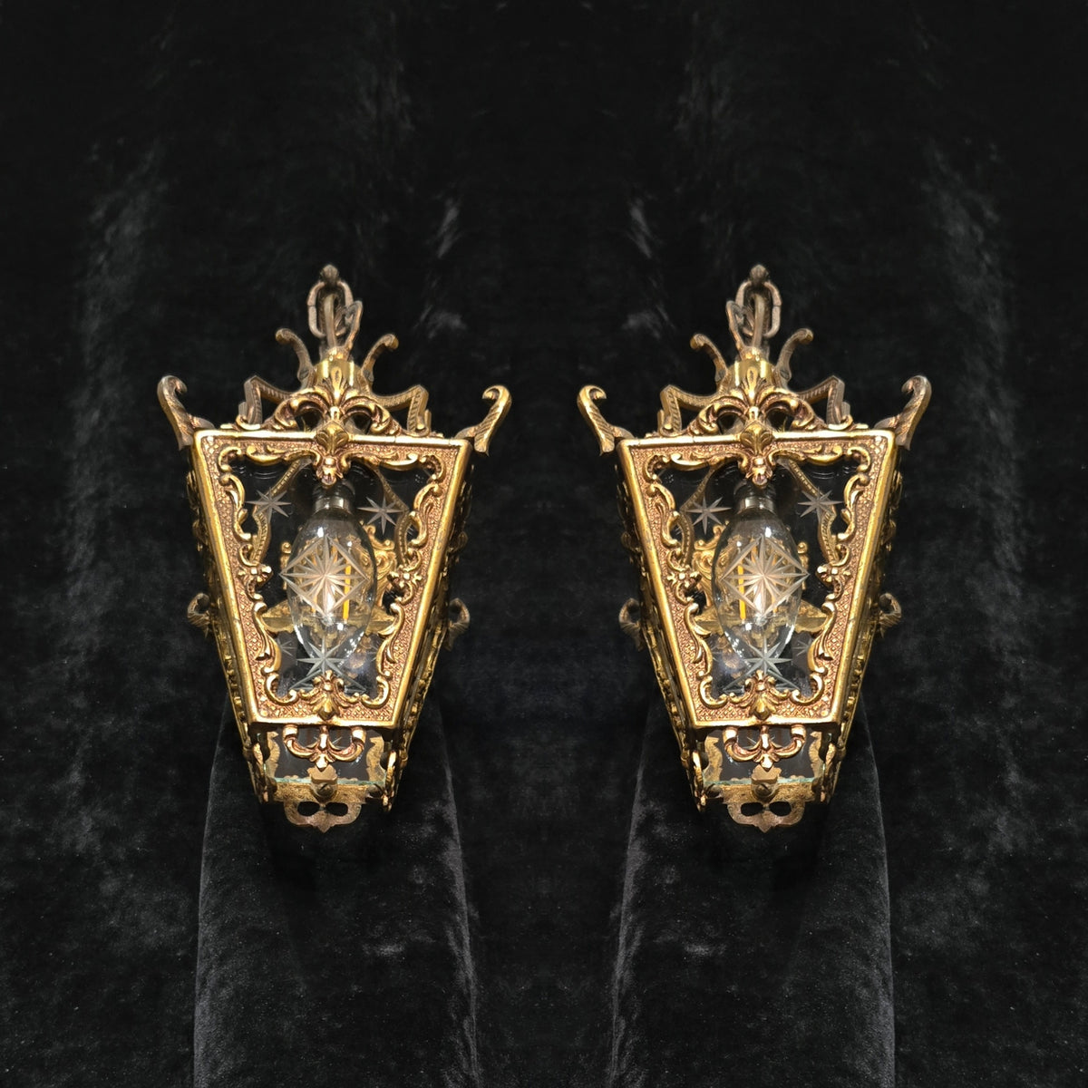 Gorgeous Pair Antique French Petite Brass Glass Electric Wall Lanterns Sconces