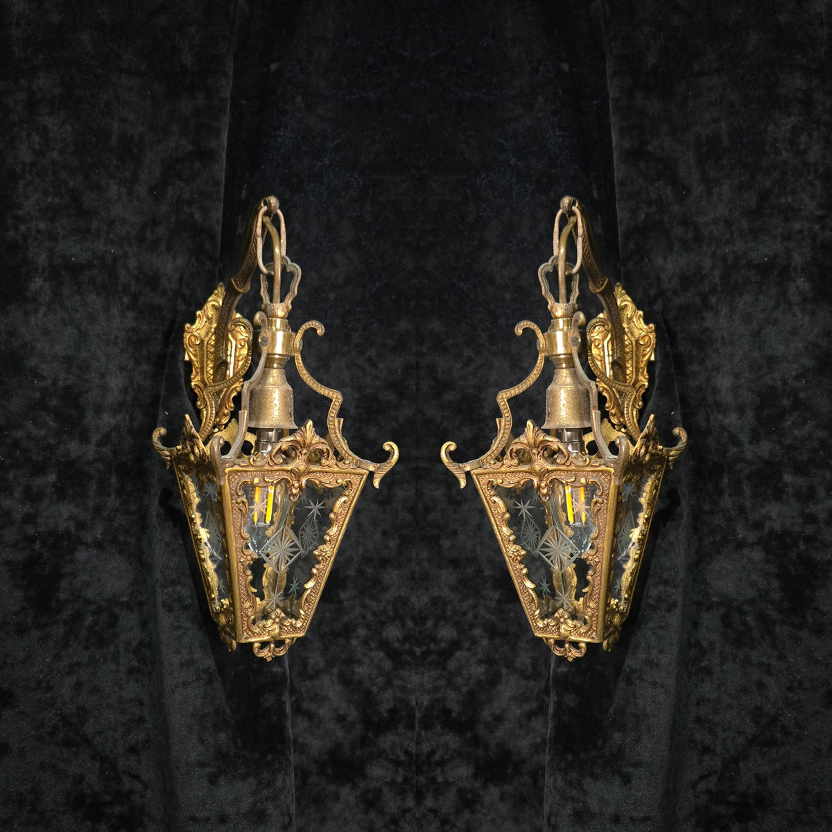 Gorgeous Pair Antique French Petite Brass Glass Electric Wall Lanterns Sconces