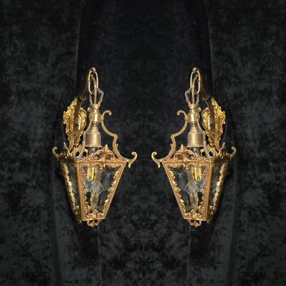 Gorgeous Pair Antique French Petite Brass Glass Electric Wall Lanterns Sconces