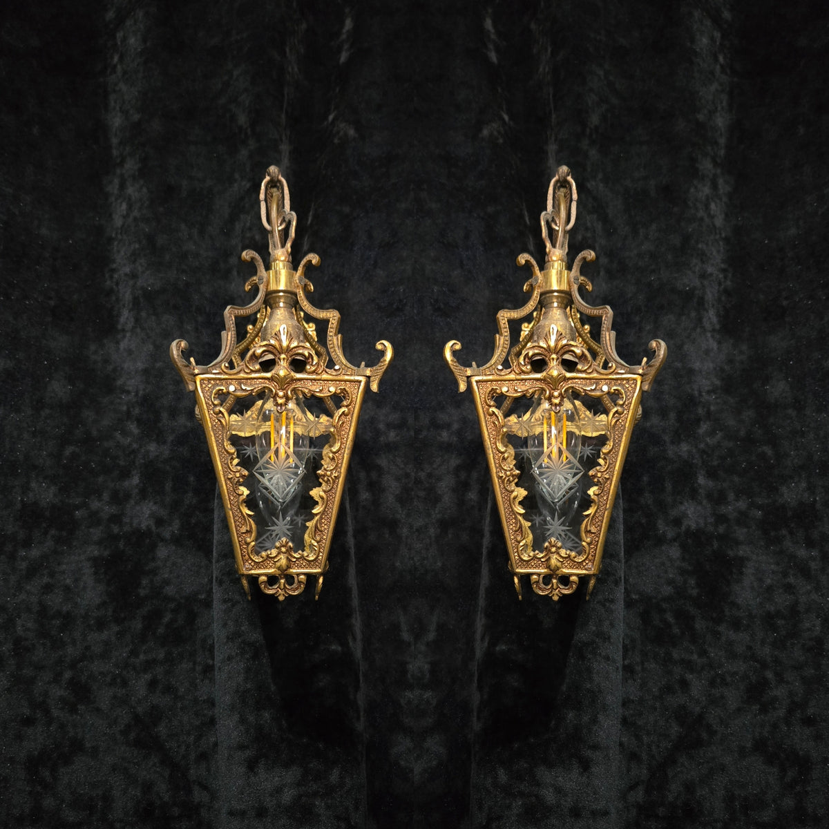 Gorgeous Pair Antique French Petite Brass Glass Electric Wall Lanterns Sconces