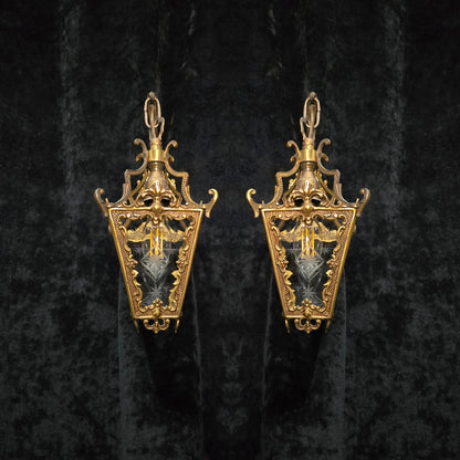 Gorgeous Pair Antique French Petite Brass Glass Electric Wall Lanterns Sconces