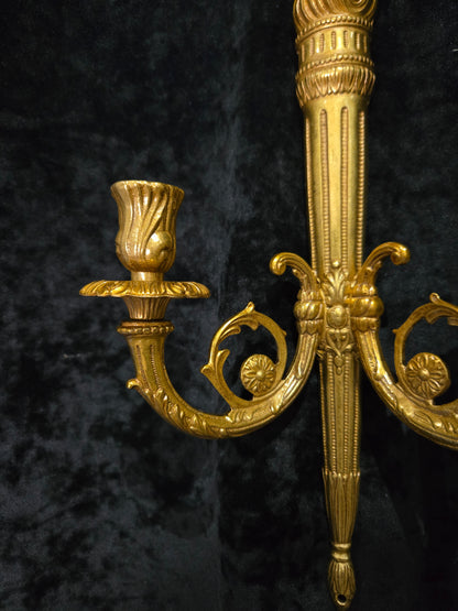Traditional Pair Vintage French 2 Arm Bronze Candle Empire Style Wall Sconces