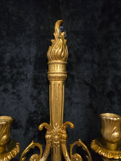 Traditional Pair Vintage French 2 Arm Bronze Candle Empire Style Wall Sconces