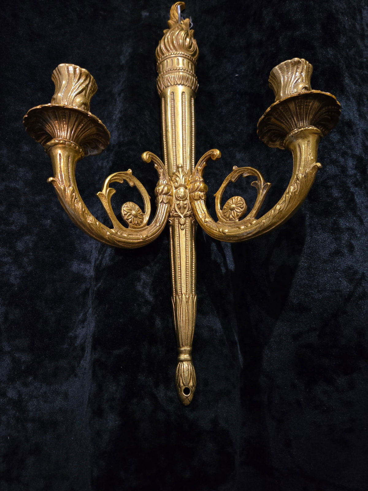 Traditional Pair Vintage French 2 Arm Bronze Candle Empire Style Wall Sconces
