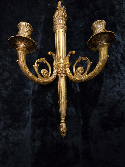 Traditional Pair Vintage French 2 Arm Bronze Candle Empire Style Wall Sconces