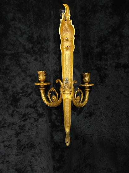 Traditional Pair Vintage French 2 Arm Bronze Candle Empire Style Wall Sconces
