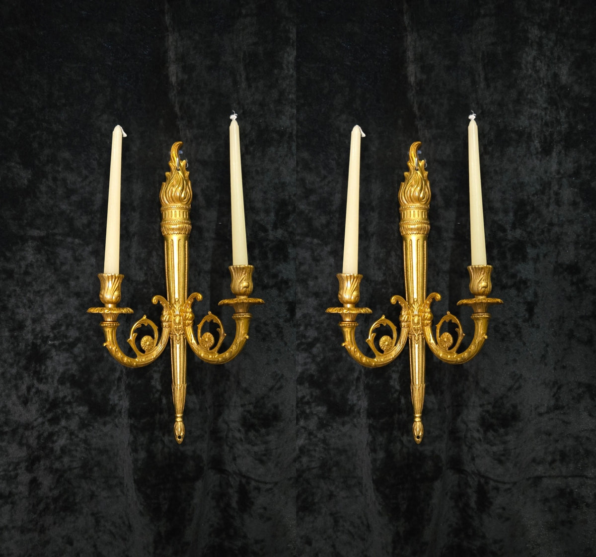 Traditional Pair Vintage French 2 Arm Bronze Candle Empire Style Wall Sconces