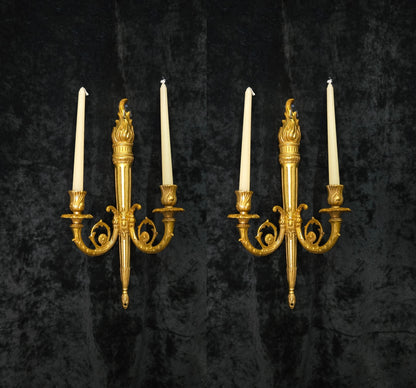 Traditional Pair Vintage French 2 Arm Bronze Candle Empire Style Wall Sconces