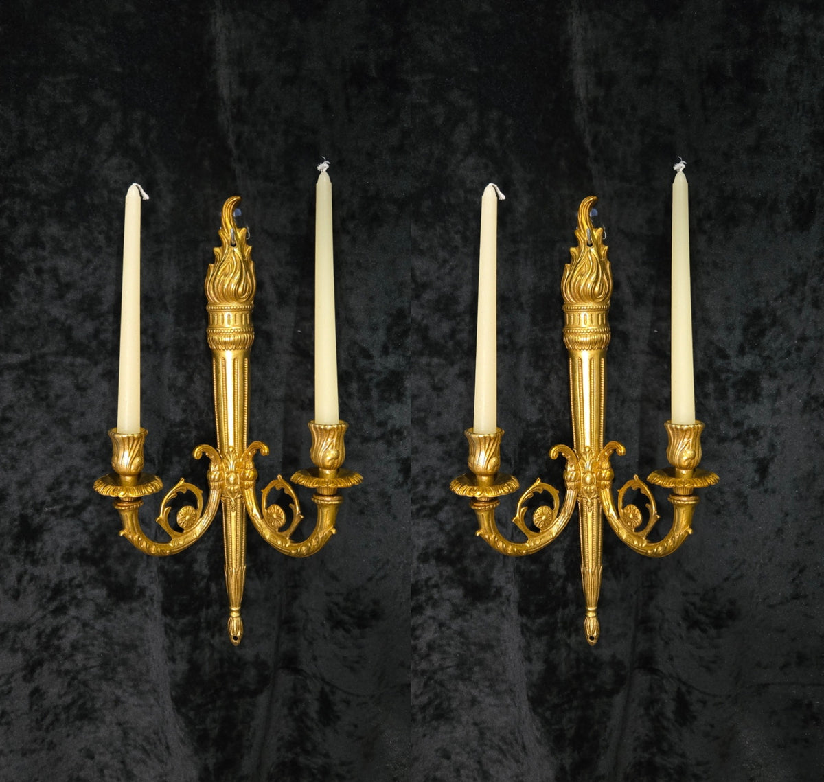 Traditional Pair Vintage French 2 Arm Bronze Candle Empire Style Wall Sconces