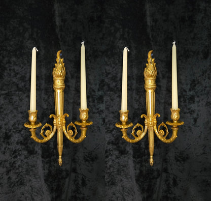 Traditional Pair Vintage French 2 Arm Bronze Candle Empire Style Wall Sconces