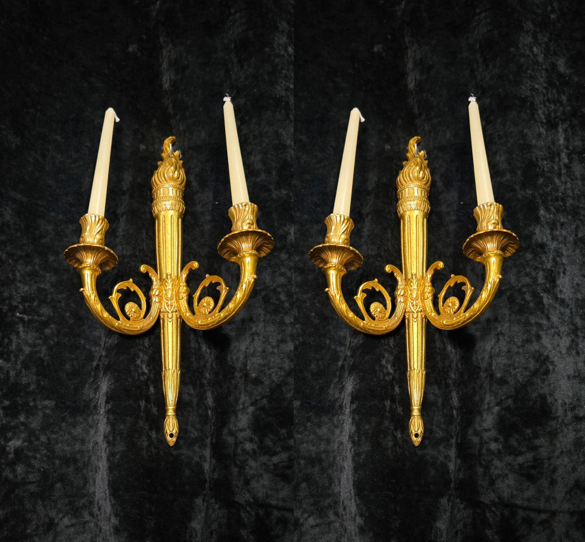 Traditional Pair Vintage French 2 Arm Bronze Candle Empire Style Wall Sconces