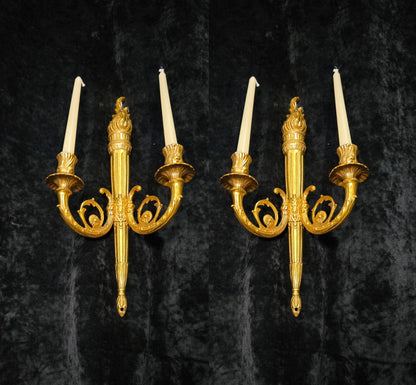 Traditional Pair Vintage French 2 Arm Bronze Candle Empire Style Wall Sconces