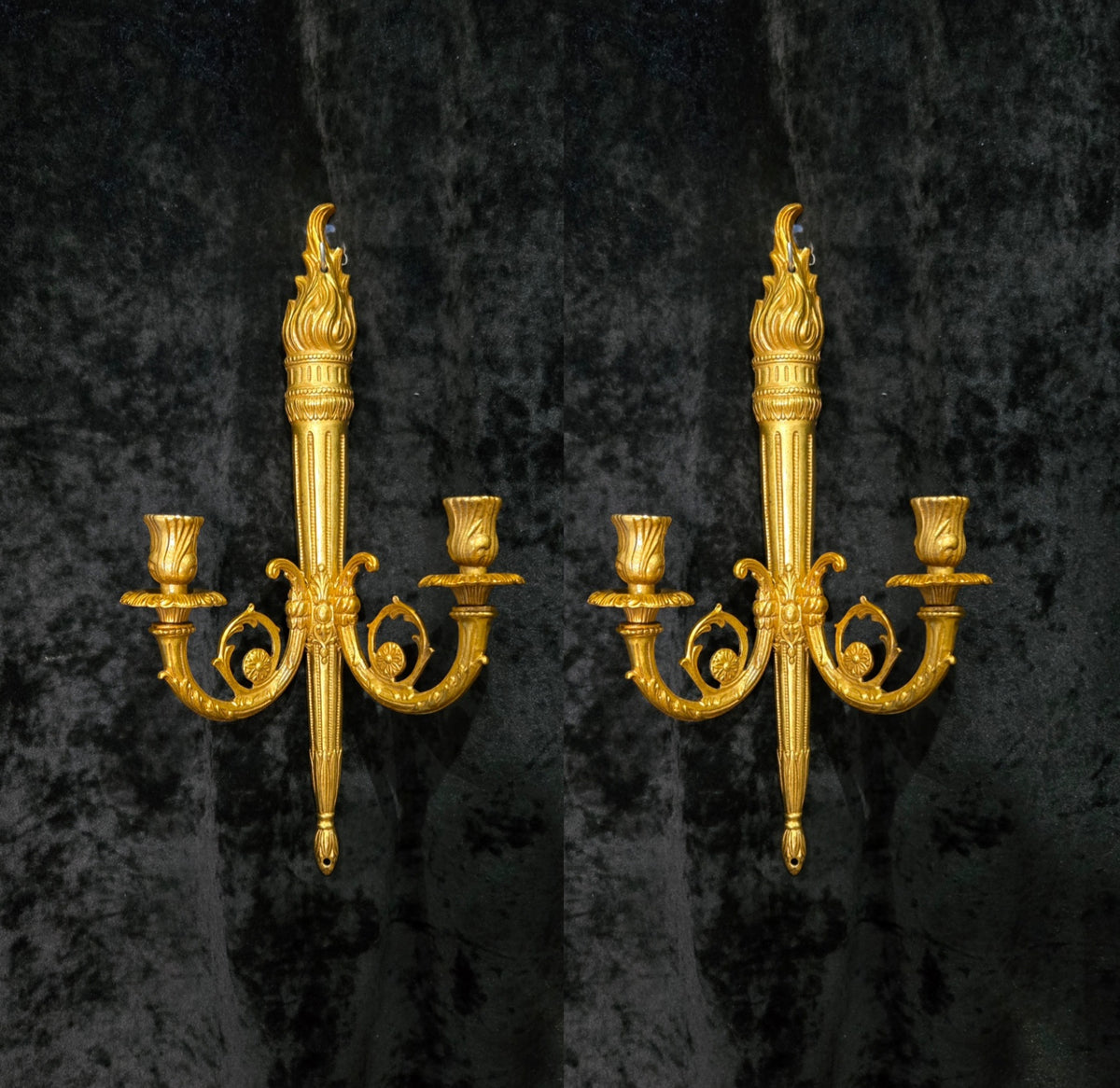 Traditional Pair Vintage French 2 Arm Bronze Candle Empire Style Wall Sconces