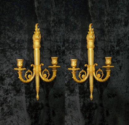 Traditional Pair Vintage French 2 Arm Bronze Candle Empire Style Wall Sconces