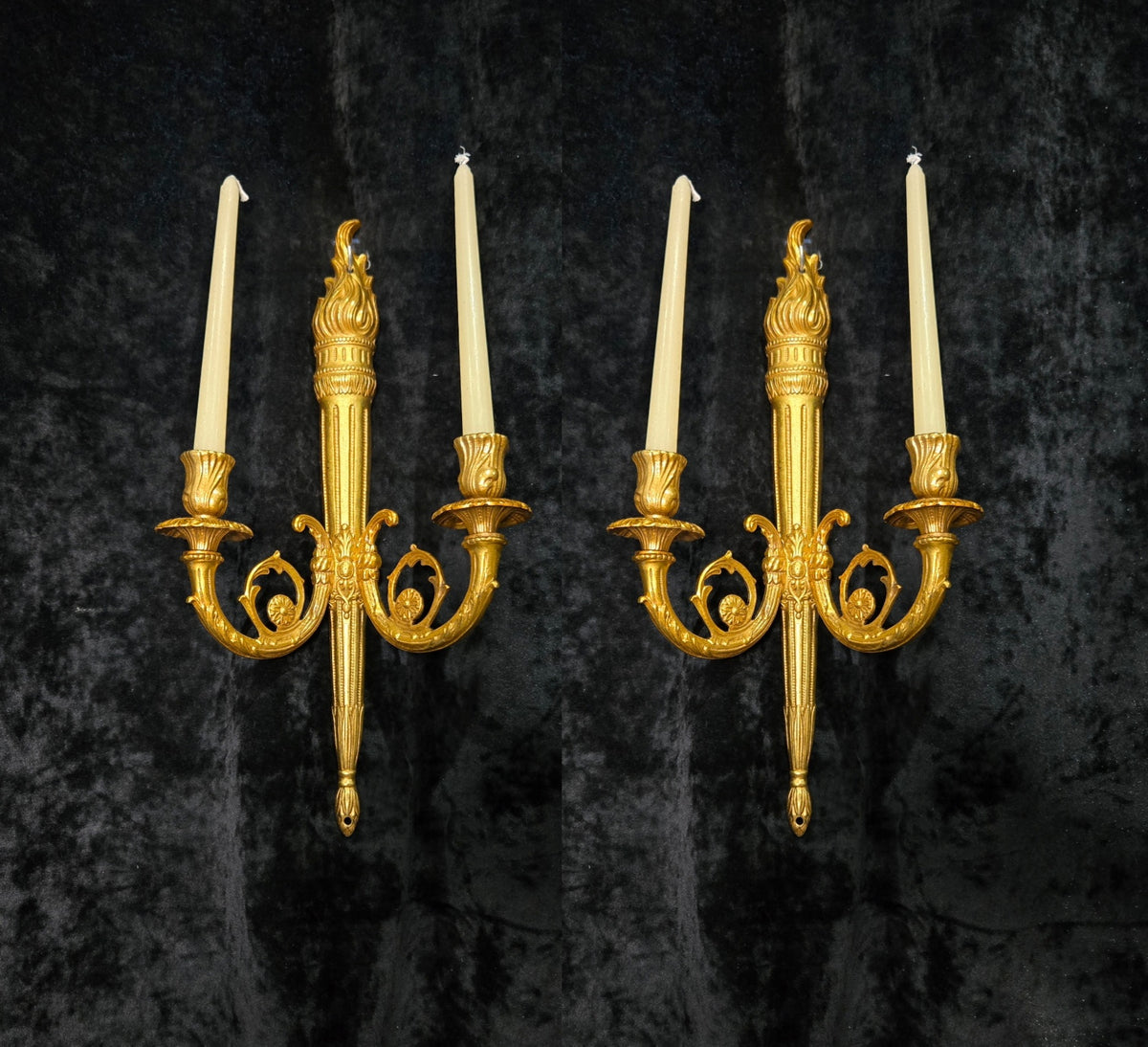 Traditional Pair Vintage French 2 Arm Bronze Candle Empire Style Wall Sconces