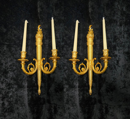 Traditional Pair Vintage French 2 Arm Bronze Candle Empire Style Wall Sconces