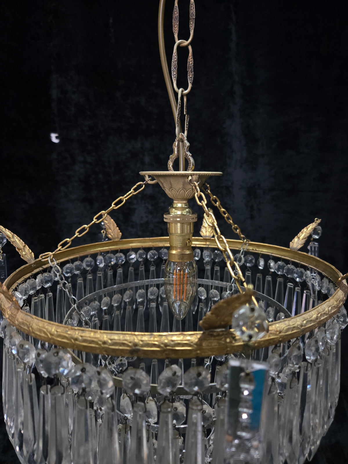 Beautiful Antique French Brass 4 Tier Crystal Waterfall Chandelier Ceiling Light