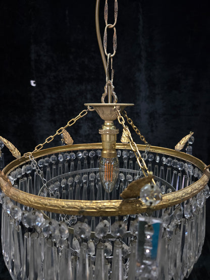 Beautiful Antique French Brass 4 Tier Crystal Waterfall Chandelier Ceiling Light