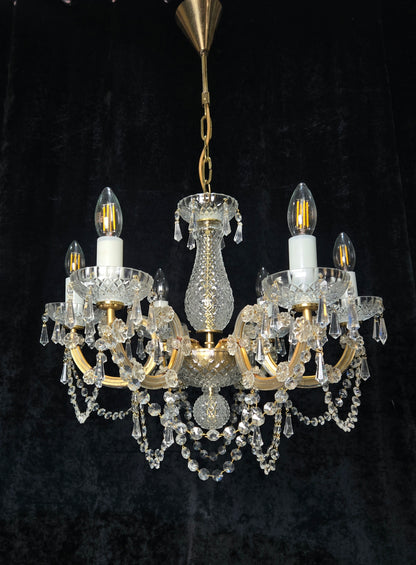 Beautiful Vintage French Crystal 6 Arm Marie Therese Brass Chandelier Light